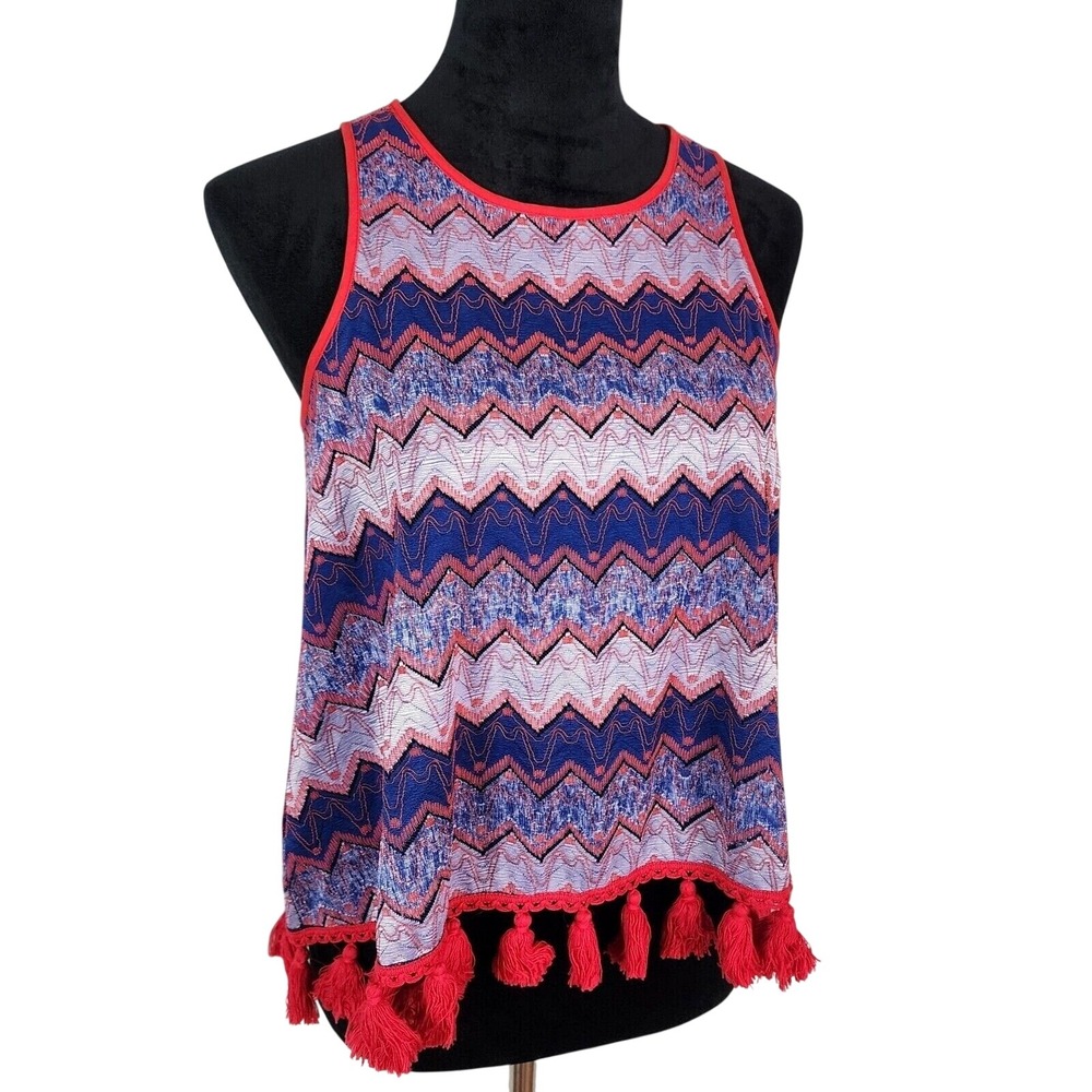 New w/tags! WD.NY BLACK Size Small Red & Blue Zig Zag Pattern Tassel Swing Tank